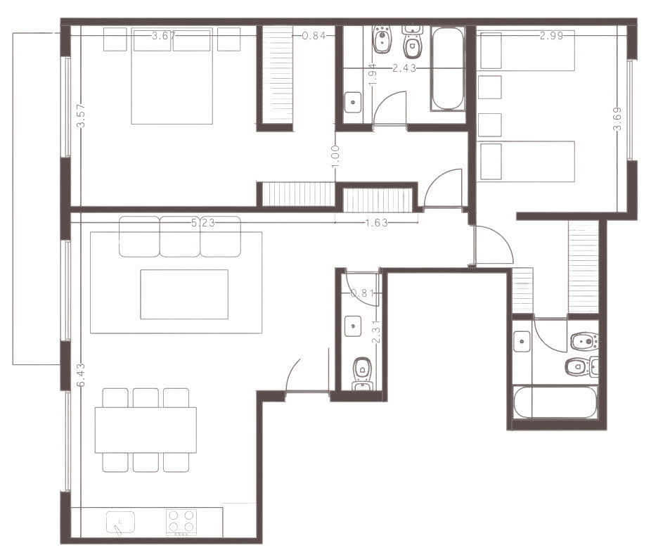Planta de 3 ambientes de 94,18 m², unidades 101, 201, 301 y 401