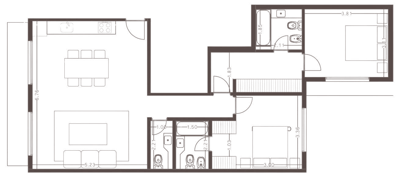 Planta de 3 ambientes de 96,32 m², unidades 102, 202, 302 y 402