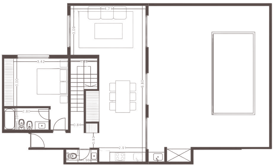 Planta de 5 ambientes de 225,82 m² con terraza, unidad 104
