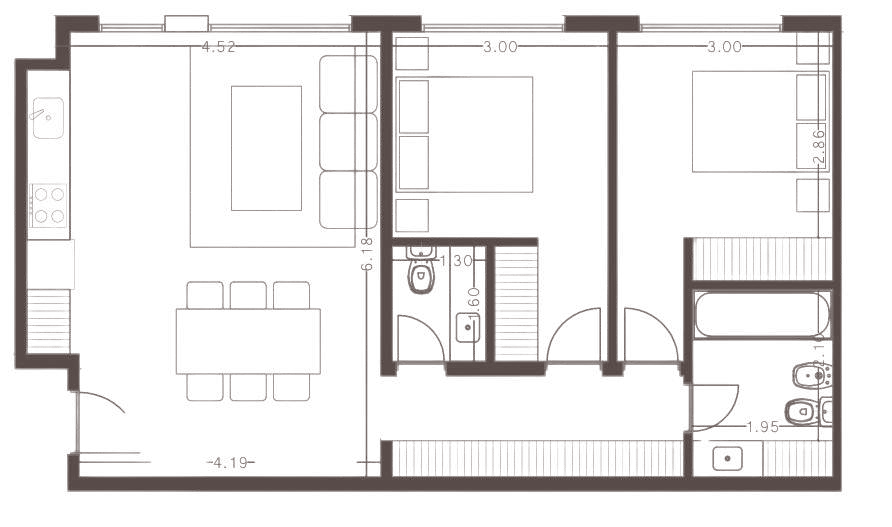 Planta de 3 ambientes de 72,13 m², unidades 203 y 403