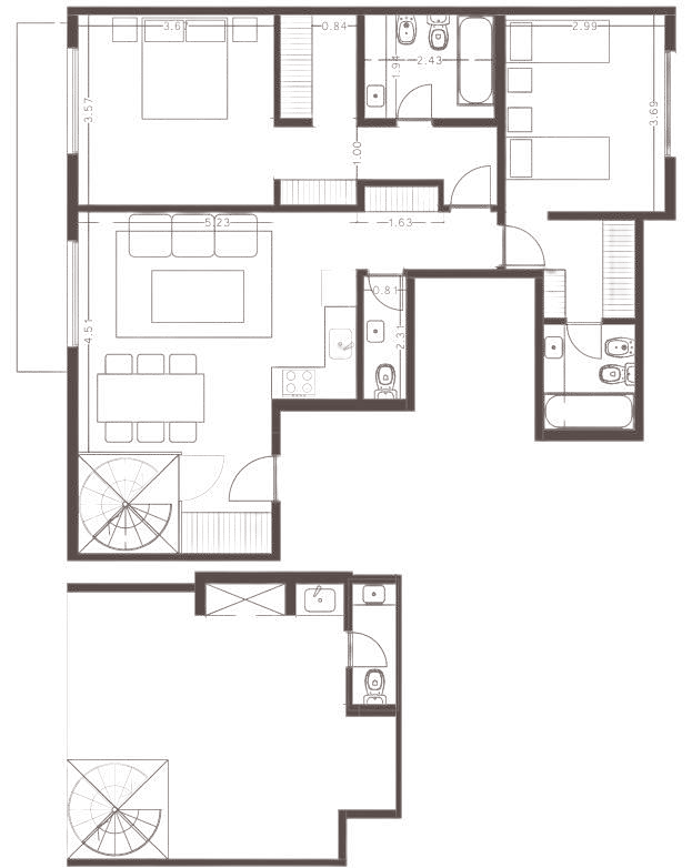 Planta de 3 ambientes de 122,29 m² con terraza, unidad 501