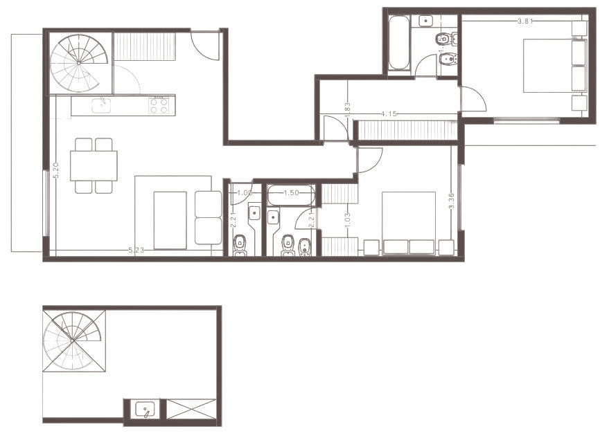 Planta de 3 ambientes de 120,31 m² con terraza, unidad 502