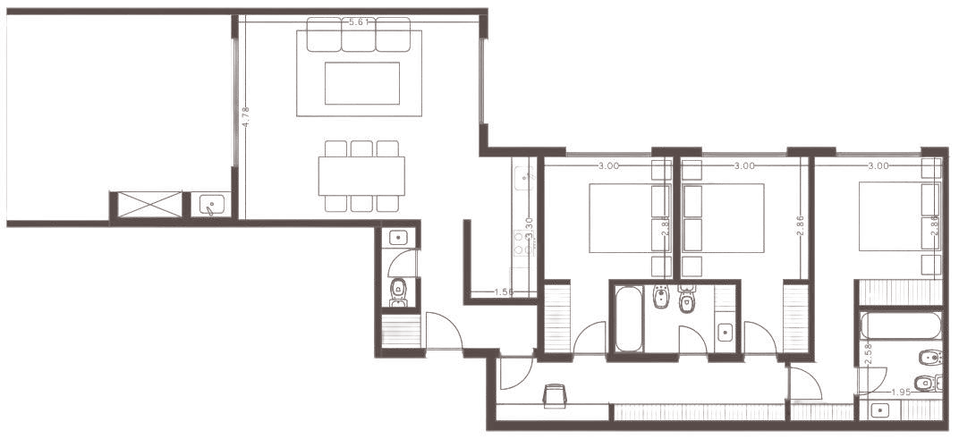 Planta de 4 ambientes de 132,14 m², unidad 601