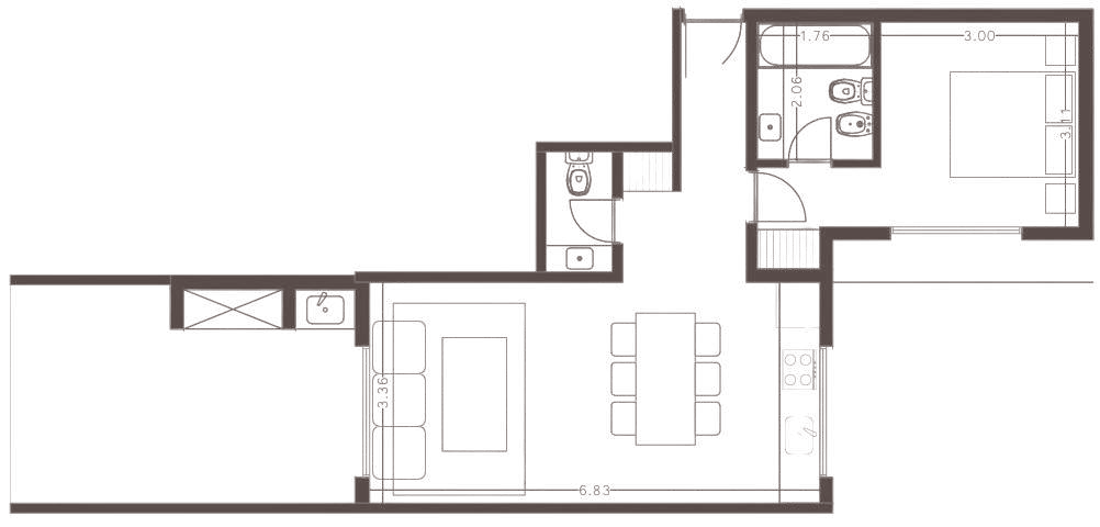 Planta de 2 ambientes de 70,12 m², unidad 602
