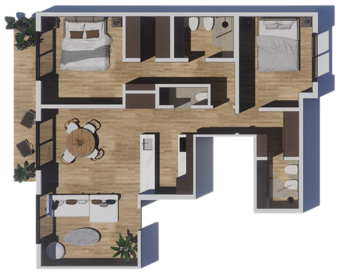 Planta de 3 ambientes de 99,44 m², unidades 1, 6, 9 y 14