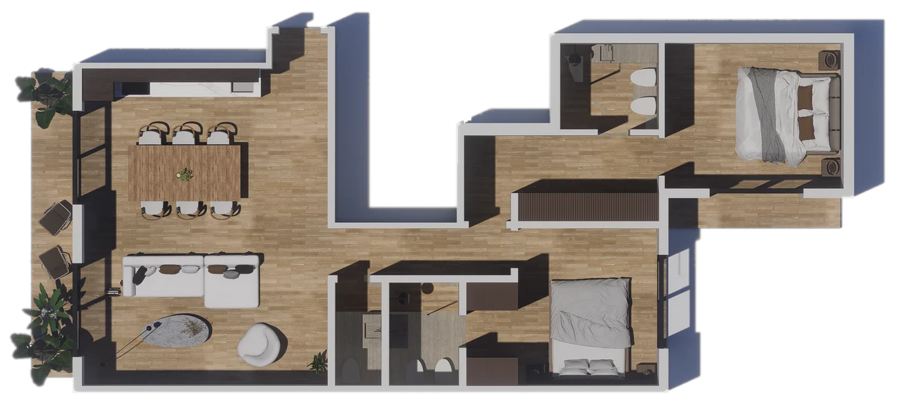 Planta de 3 ambientes de 99,44 m², unidades 4, 8, 12 y 16