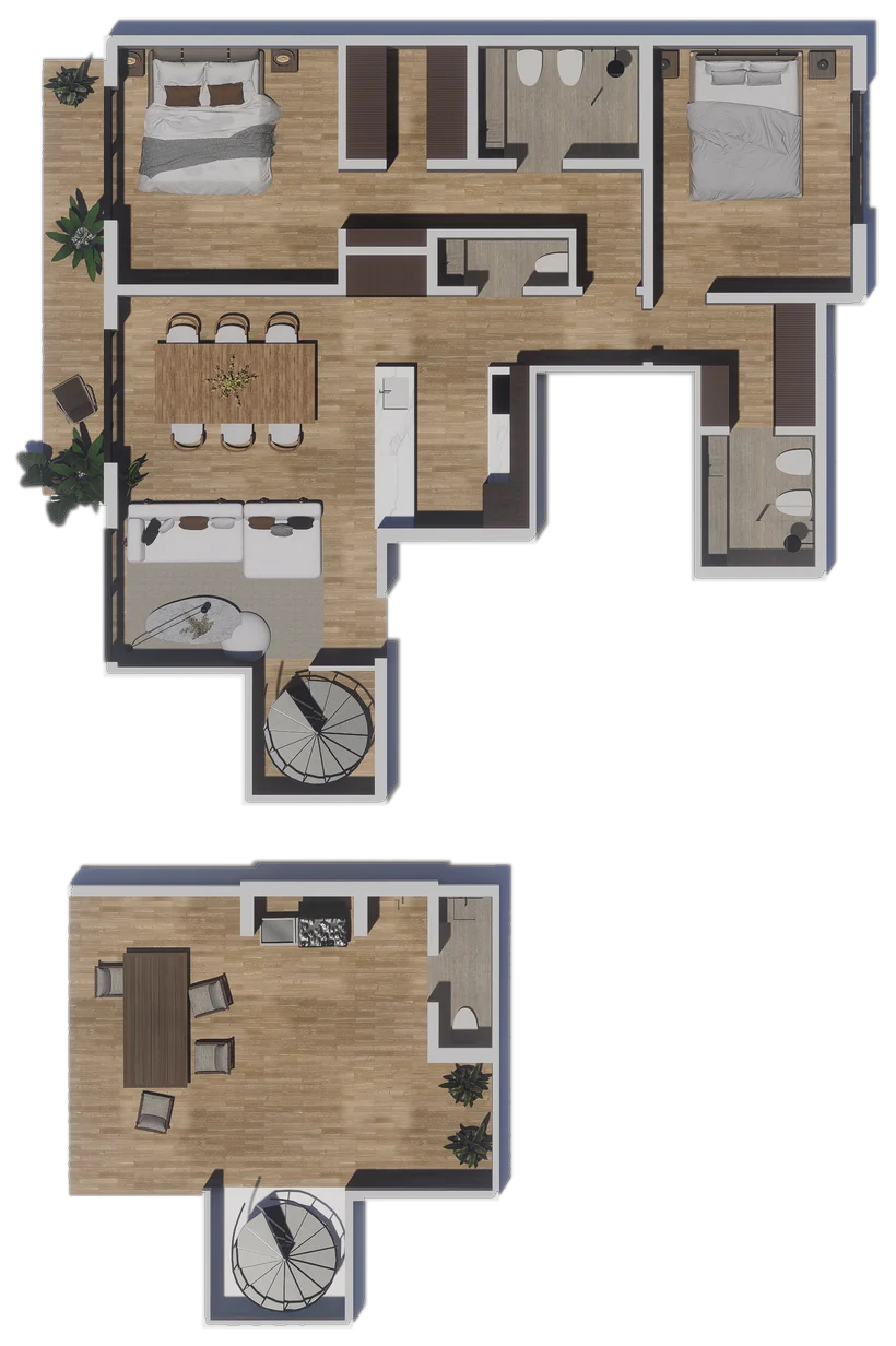 Planta de 3 ambientes + terraza privada de 122,15 m², unidad 17