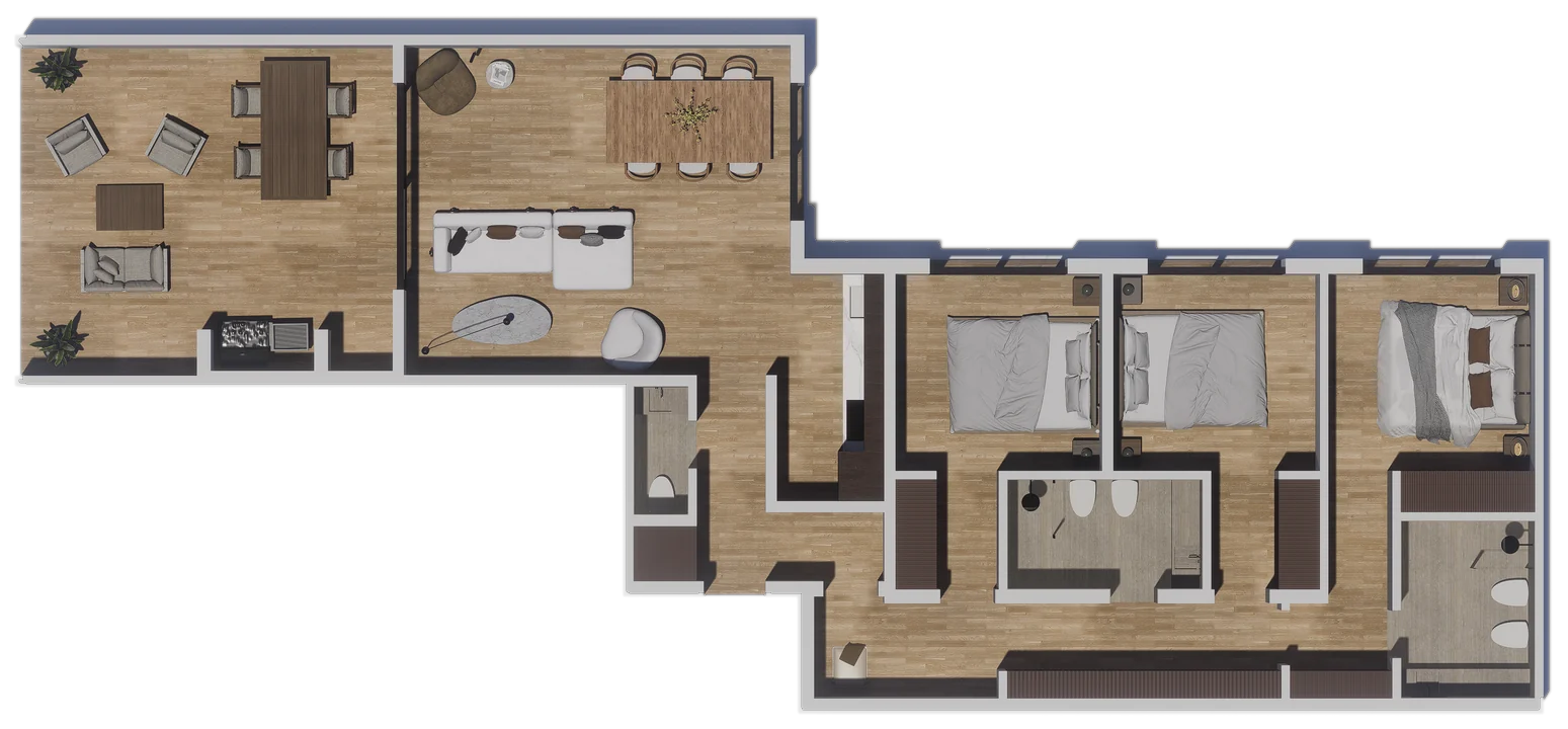 Planta de 4 ambientes + terraza privada de 131,15 m², unidad 22