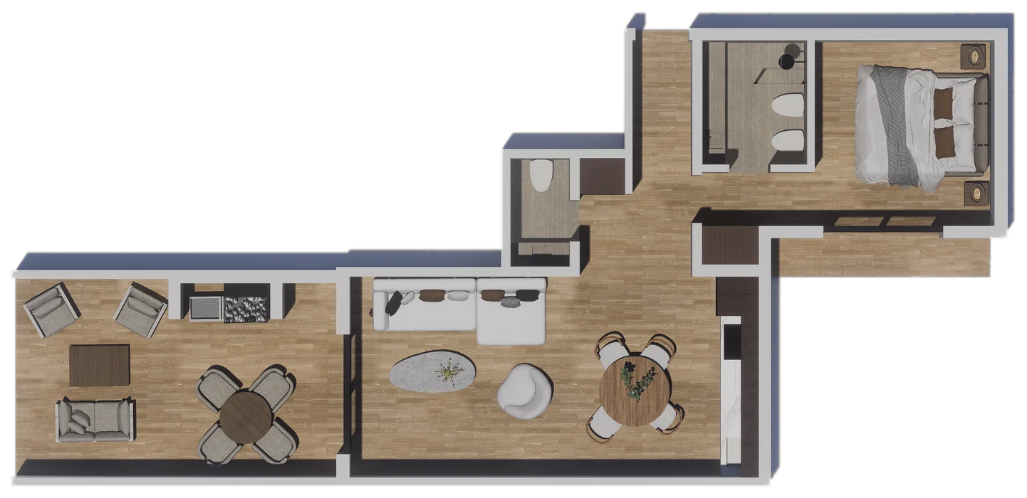 Planta de 2 ambientes + terraza privada de 72,22 m², unidad 23