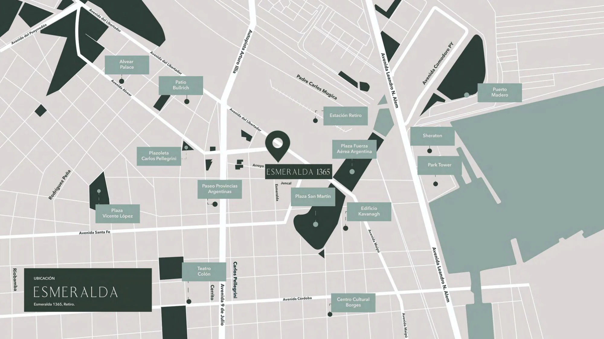 Mapa de Retiro con la ubicación de Esmeralda 1365 y los puntos del barrio
