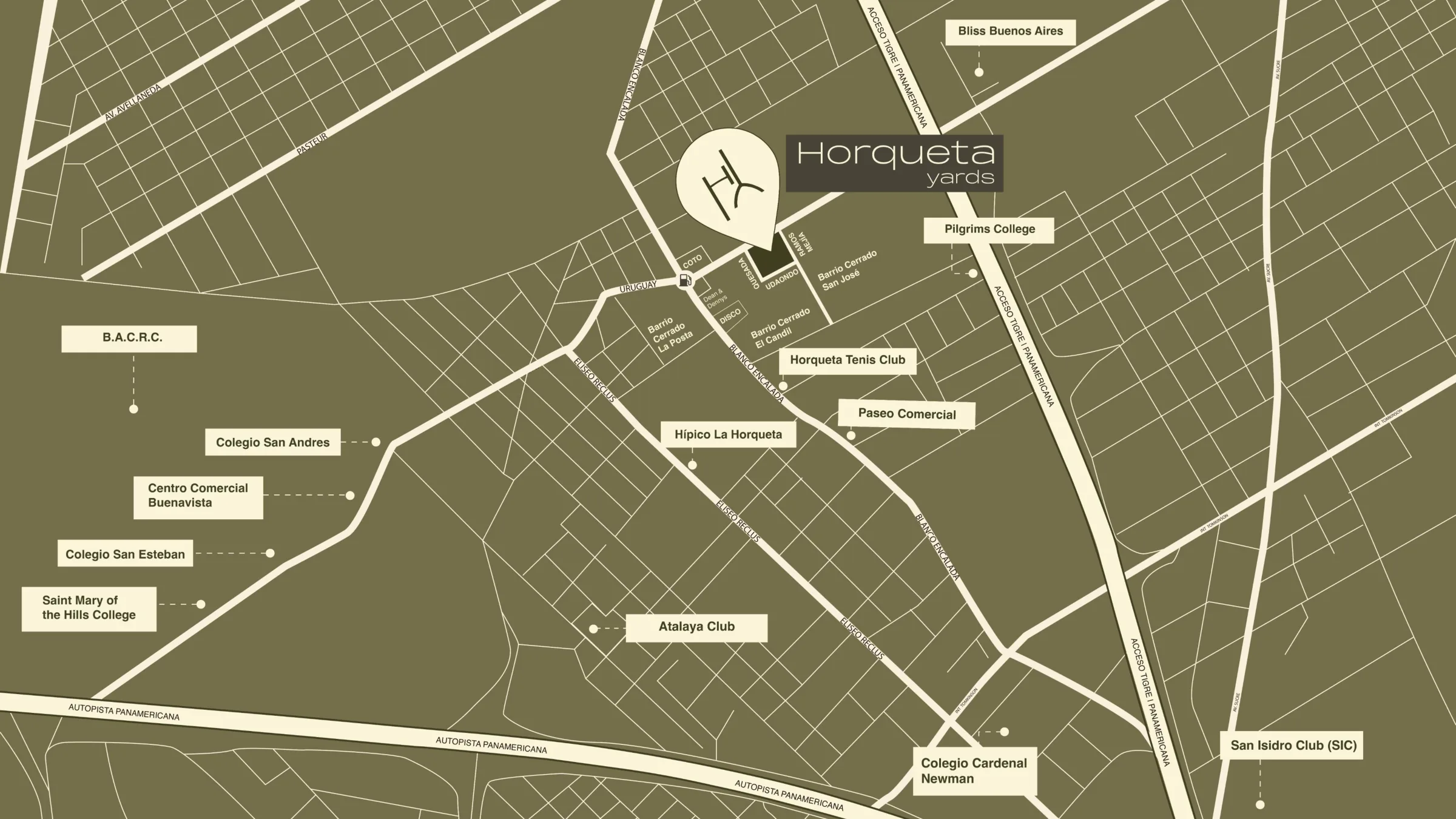 Mapa de San Isidro con la ubicación de Horqueta Yards